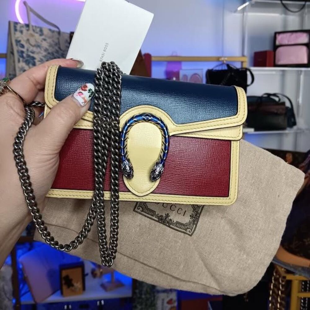 Gucci Tricolor Blue Cream Red Leather Super Mini Dionysus Crossbody Bag